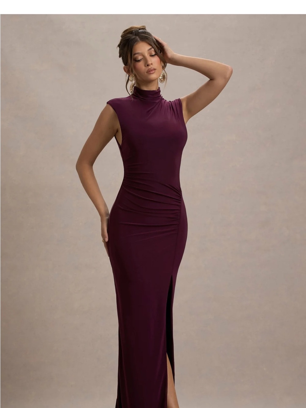 Club London Maxi High Neck Goen with Ruched bodice and slit - Picture 4 of 7